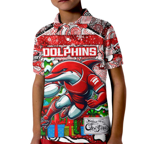 Custom Dolphins Rugby Merry Christmas Kid Polo Shirt Indigenous Australian Art