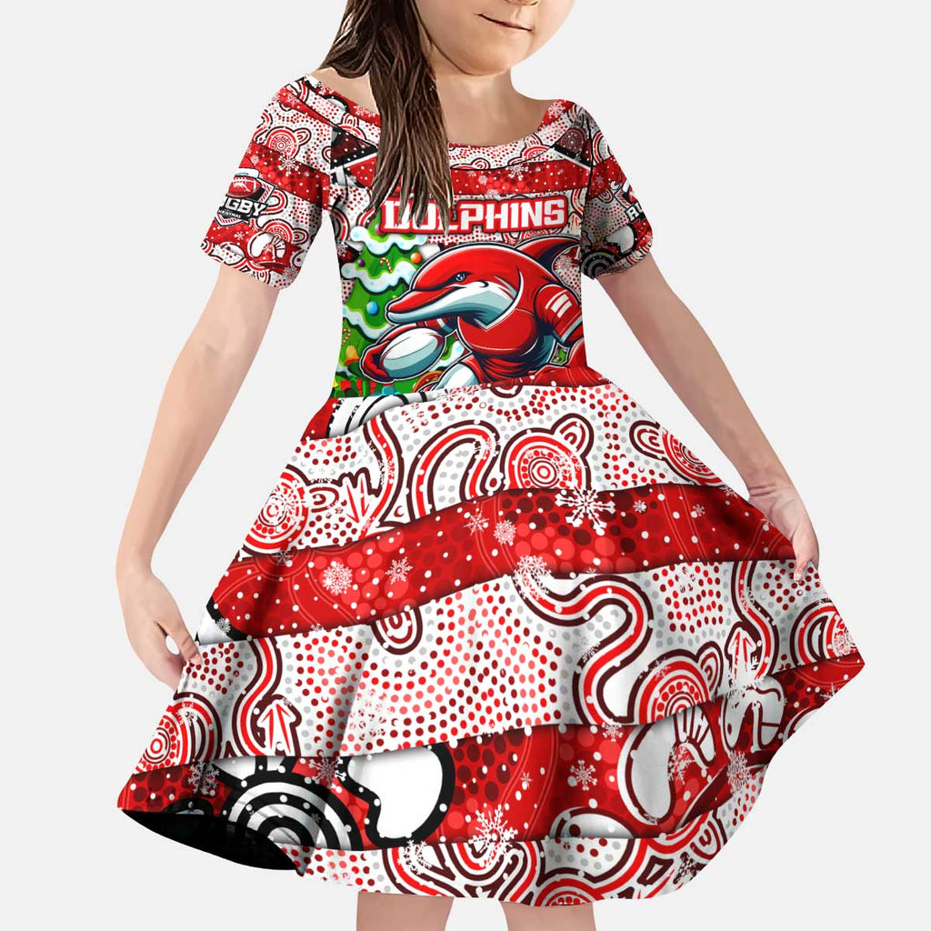 Custom Dolphins Rugby Merry Christmas Kid Short Sleeve Dress Indigenous Australian Art