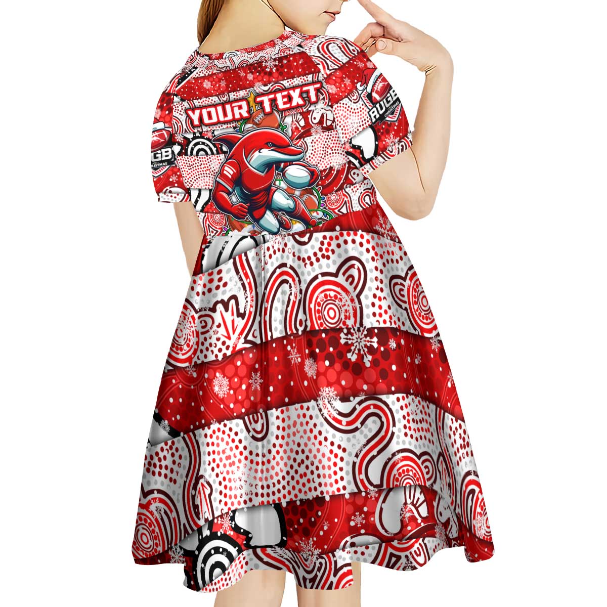 Custom Dolphins Rugby Merry Christmas Kid Short Sleeve Dress Indigenous Australian Art