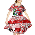 Custom Dolphins Rugby Merry Christmas Kid Short Sleeve Dress Indigenous Australian Art