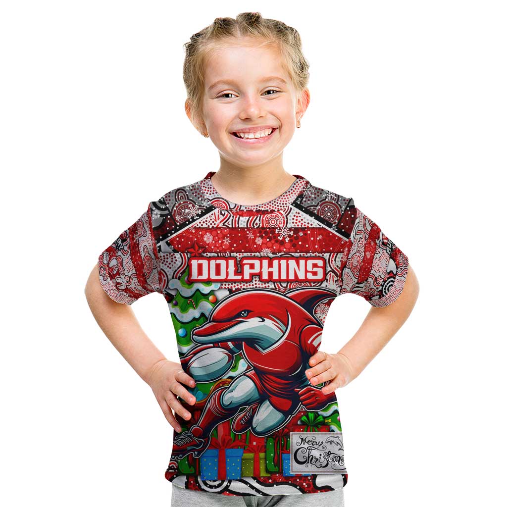 Custom Dolphins Rugby Merry Christmas Kid T Shirt Indigenous Australian Art