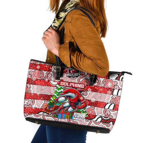 Dolphins Rugby Merry Christmas Leather Tote Bag Indigenous Australian Art