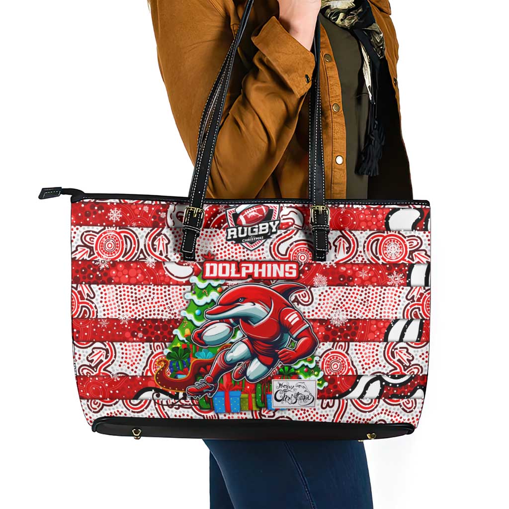 Dolphins Rugby Merry Christmas Leather Tote Bag Indigenous Australian Art