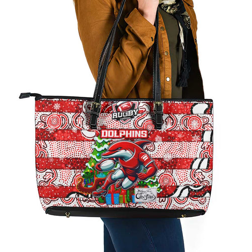 Dolphins Rugby Merry Christmas Leather Tote Bag Indigenous Australian Art