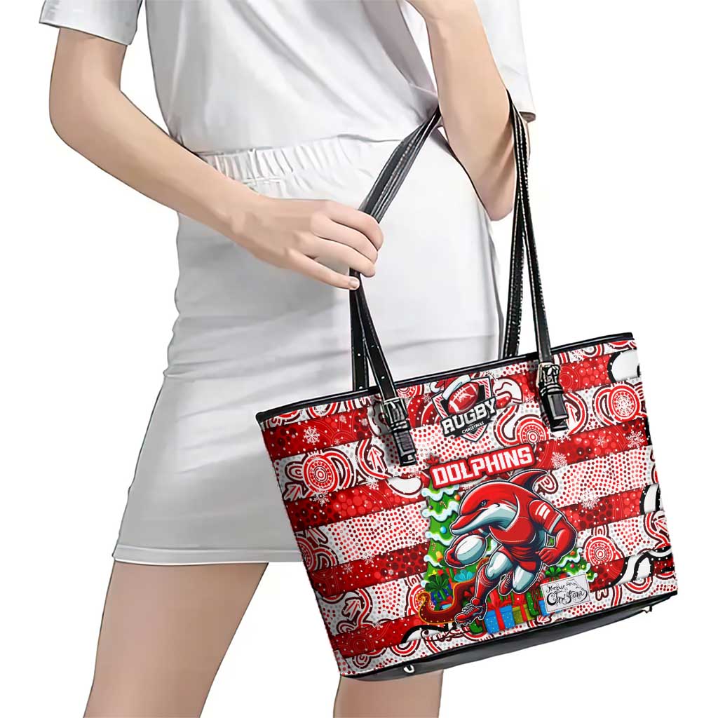 Dolphins Rugby Merry Christmas Leather Tote Bag Indigenous Australian Art