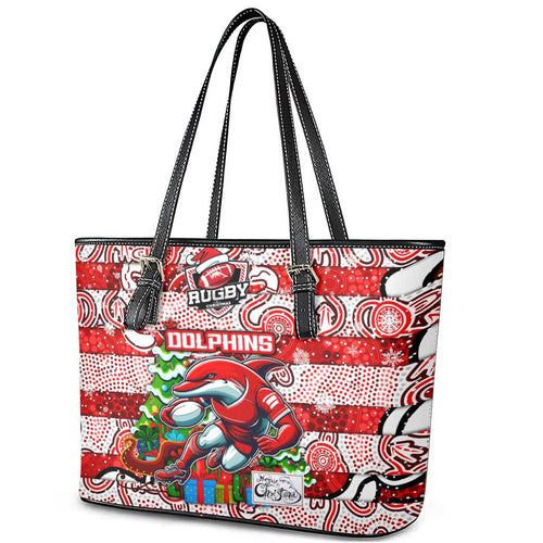Dolphins Rugby Merry Christmas Leather Tote Bag Indigenous Australian Art
