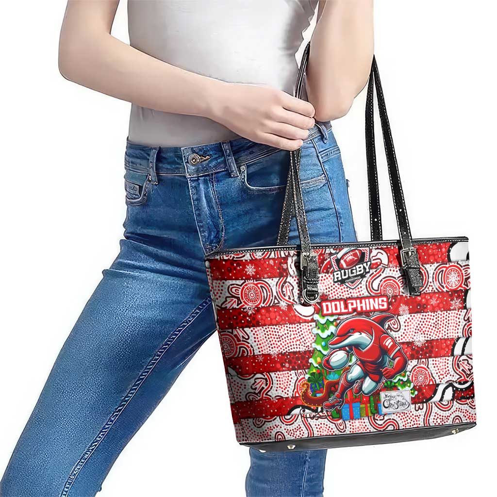 Dolphins Rugby Merry Christmas Leather Tote Bag Indigenous Australian Art