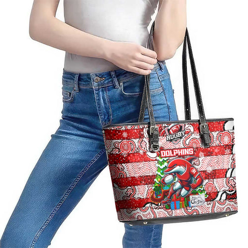 Dolphins Rugby Merry Christmas Leather Tote Bag Indigenous Australian Art