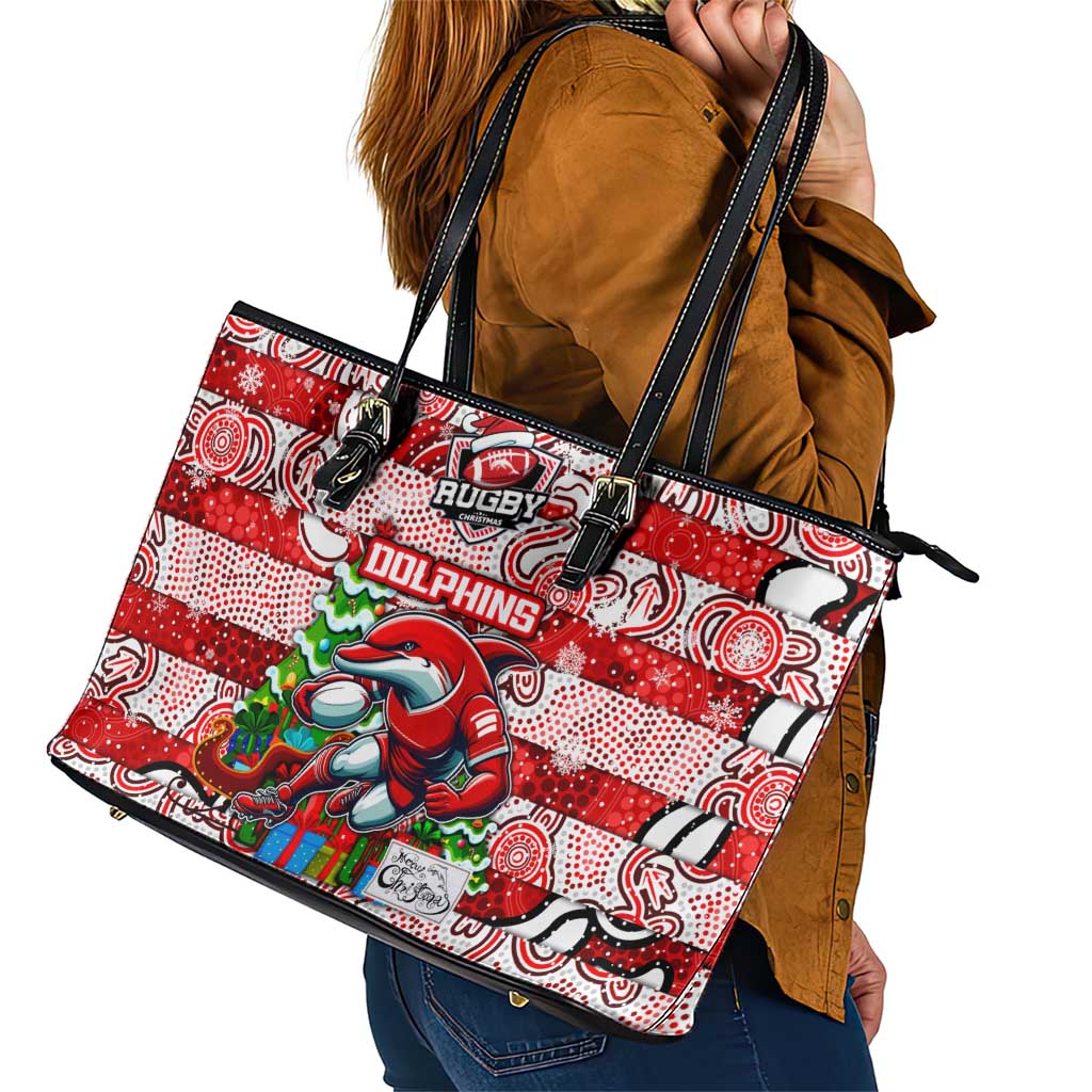 Dolphins Rugby Merry Christmas Leather Tote Bag Indigenous Australian Art