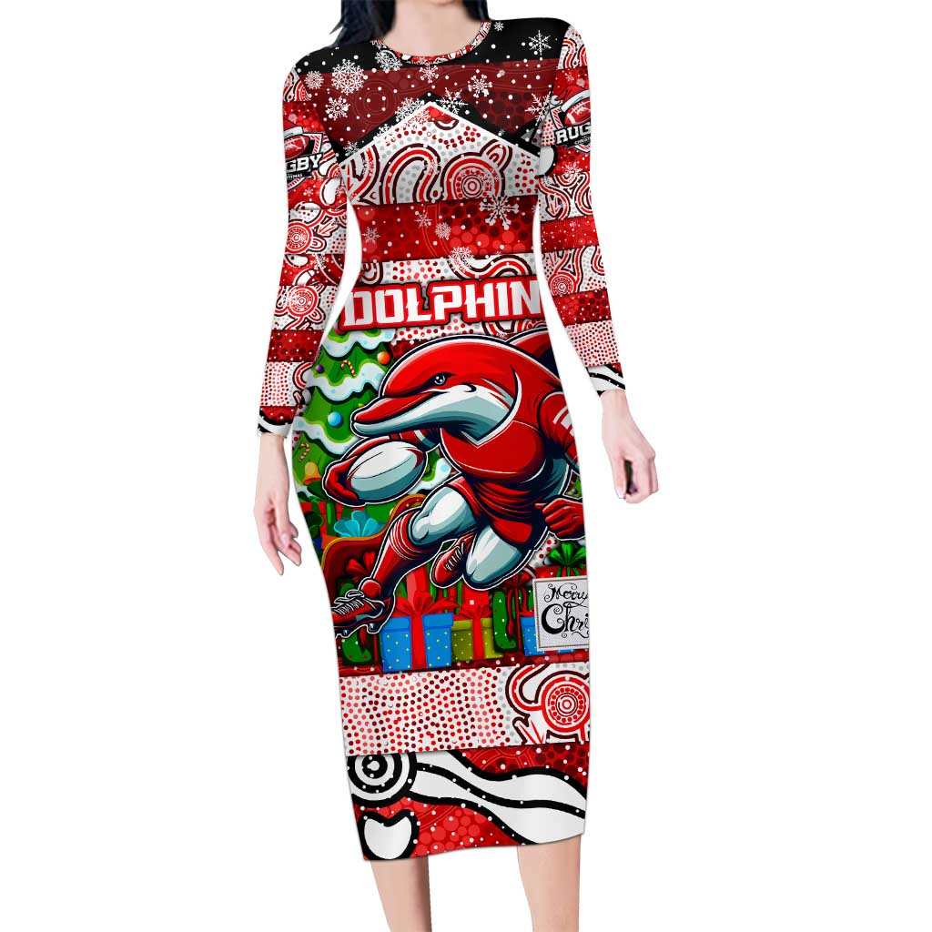 Custom Dolphins Rugby Merry Christmas Long Sleeve Bodycon Dress Indigenous Australian Art