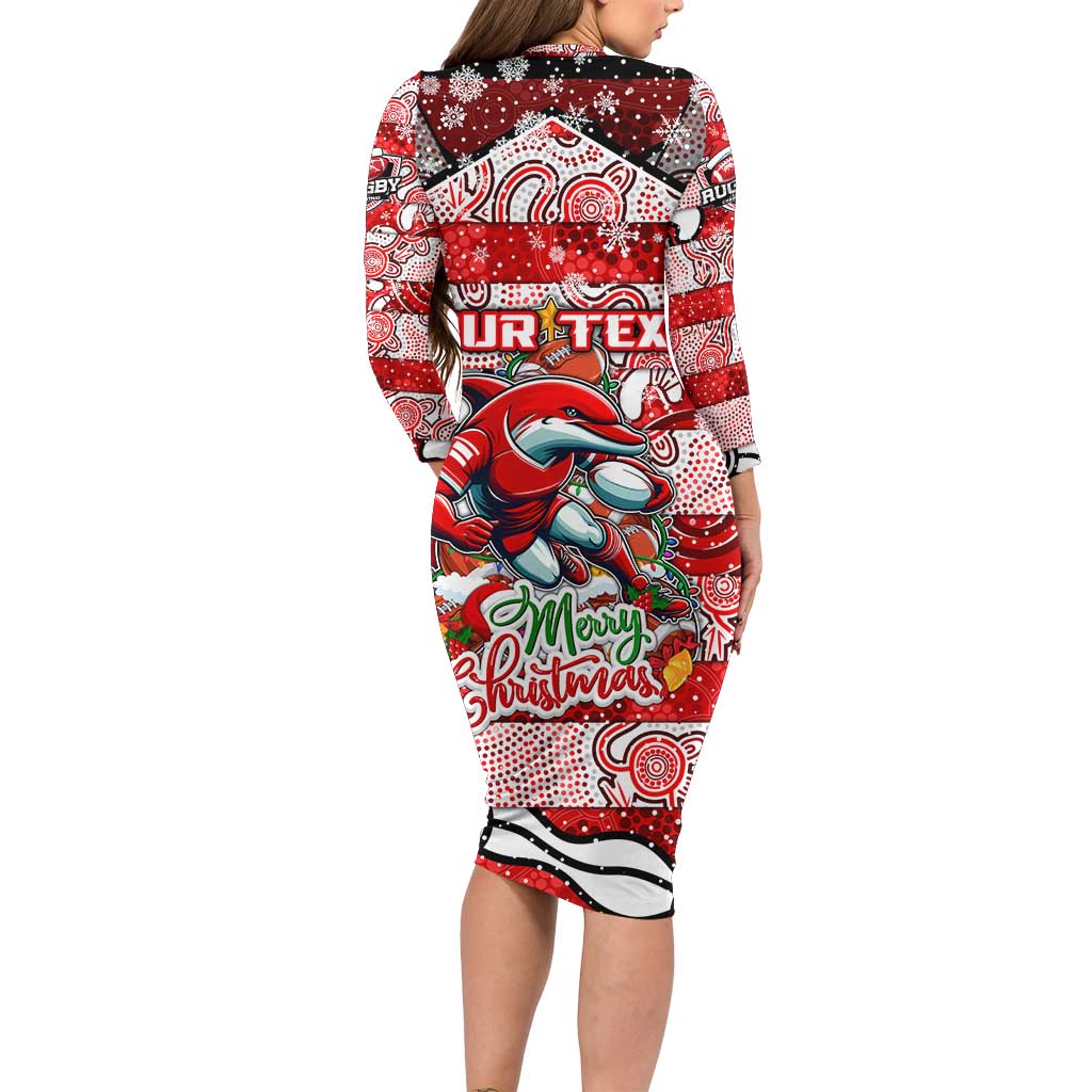 Custom Dolphins Rugby Merry Christmas Long Sleeve Bodycon Dress Indigenous Australian Art