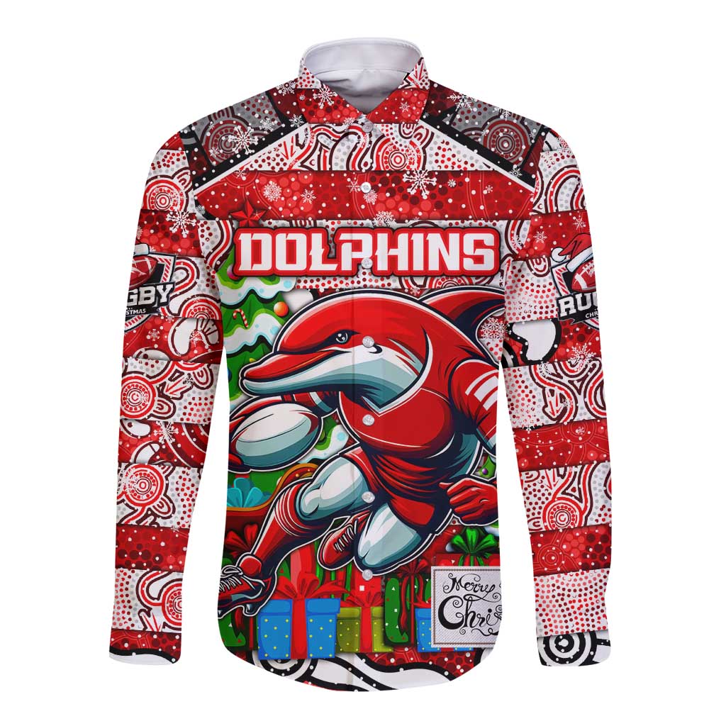 Custom Dolphins Rugby Merry Christmas Long Sleeve Button Shirt Indigenous Australian Art