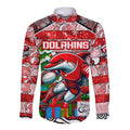 Custom Dolphins Rugby Merry Christmas Long Sleeve Button Shirt Indigenous Australian Art