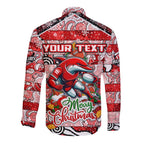 Custom Dolphins Rugby Merry Christmas Long Sleeve Button Shirt Indigenous Australian Art