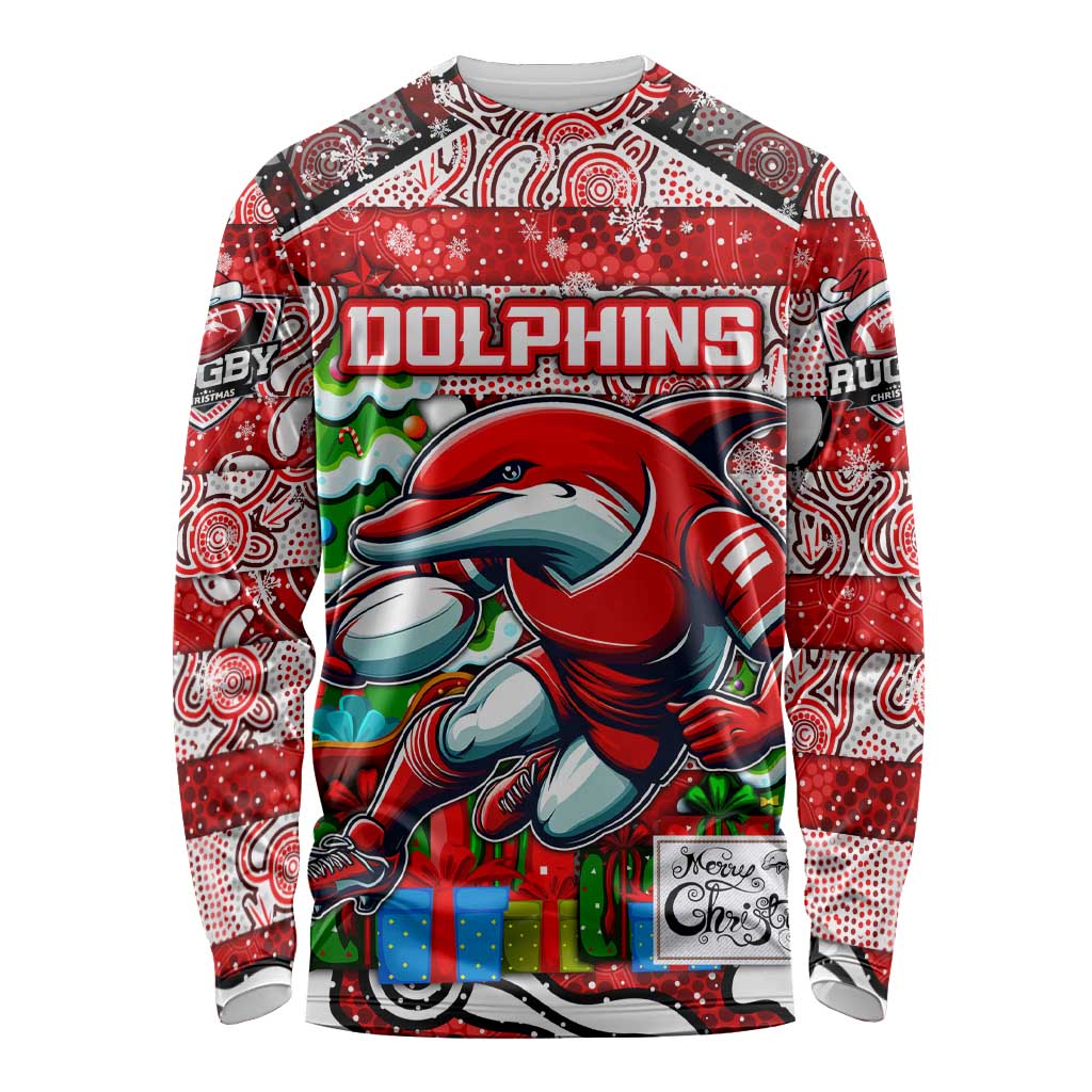 Custom Dolphins Rugby Merry Christmas Long Sleeve Shirt Indigenous Australian Art