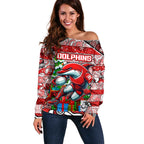 Custom Dolphins Rugby Merry Christmas Off Shoulder Sweater Indigenous Australian Art