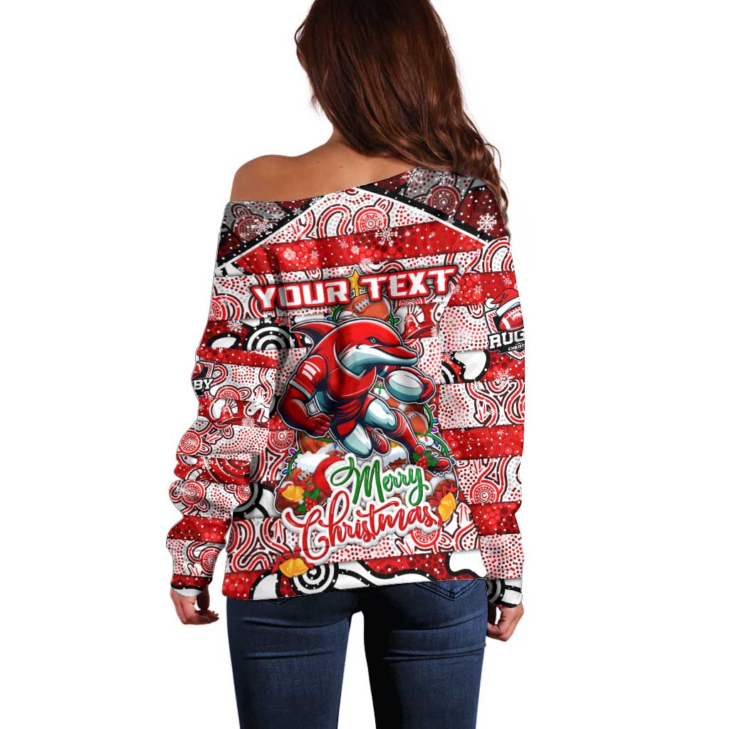 Custom Dolphins Rugby Merry Christmas Off Shoulder Sweater Indigenous Australian Art