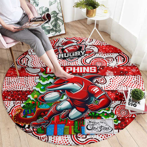 Dolphins Rugby Merry Christmas Round Carpet Indigenous Australian Art