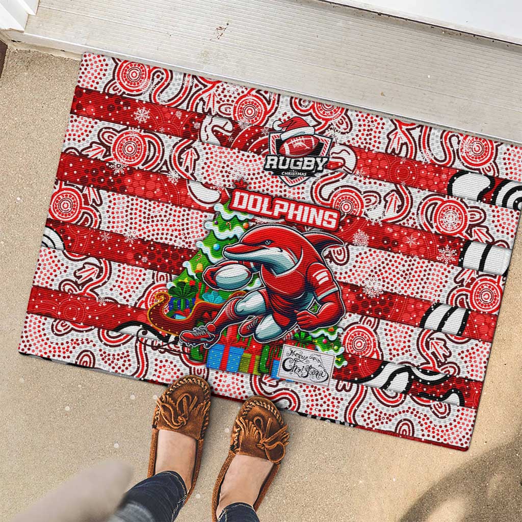 Dolphins Rugby Merry Christmas Rubber Doormat Indigenous Australian Art