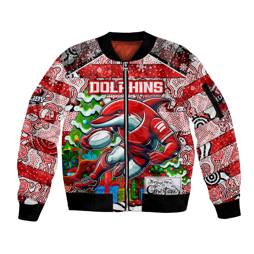 Custom Dolphins Rugby Merry Christmas Sleeve Zip Bomber Jacket Indigenous Australian Art