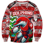 Custom Dolphins Rugby Merry Christmas Sweatshirt Indigenous Australian Art
