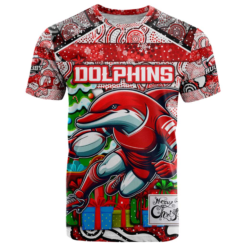 Custom Dolphins Rugby Merry Christmas T Shirt Indigenous Australian Art
