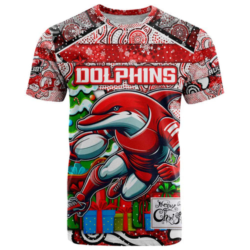Custom Dolphins Rugby Merry Christmas T Shirt Indigenous Australian Art