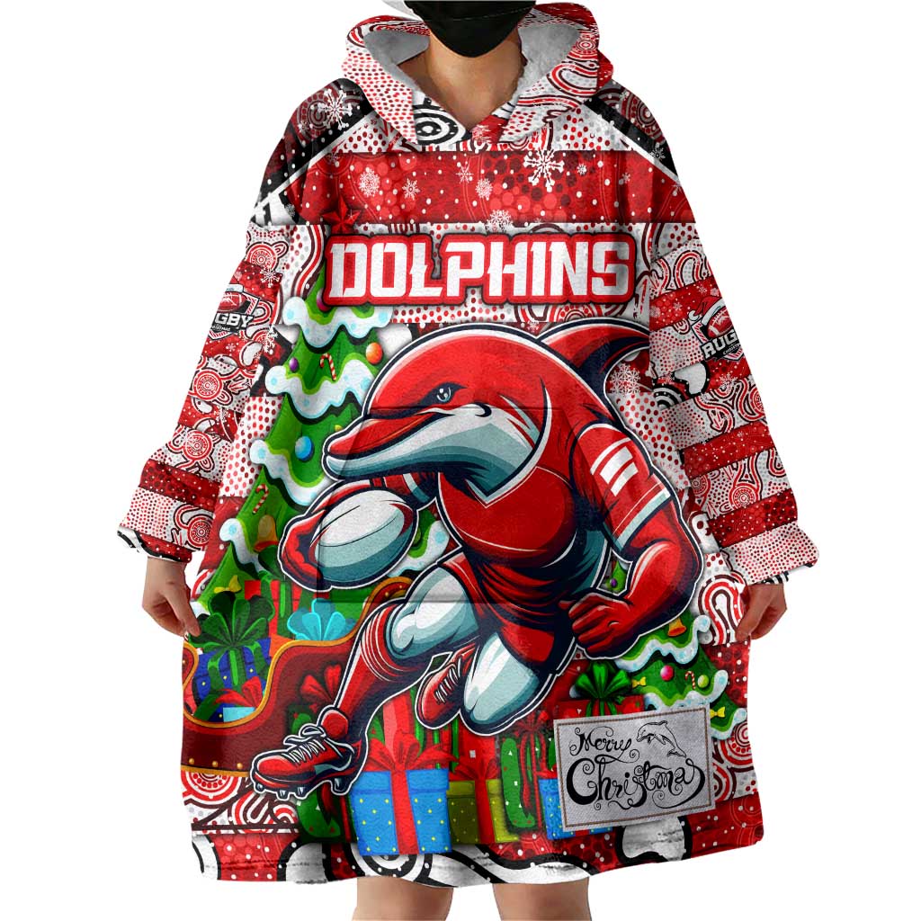 Custom Dolphins Rugby Merry Christmas Wearable Blanket Hoodie Indigenous Australian Art