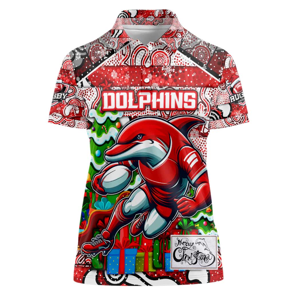Custom Dolphins Rugby Merry Christmas Women Polo Shirt Indigenous Australian Art