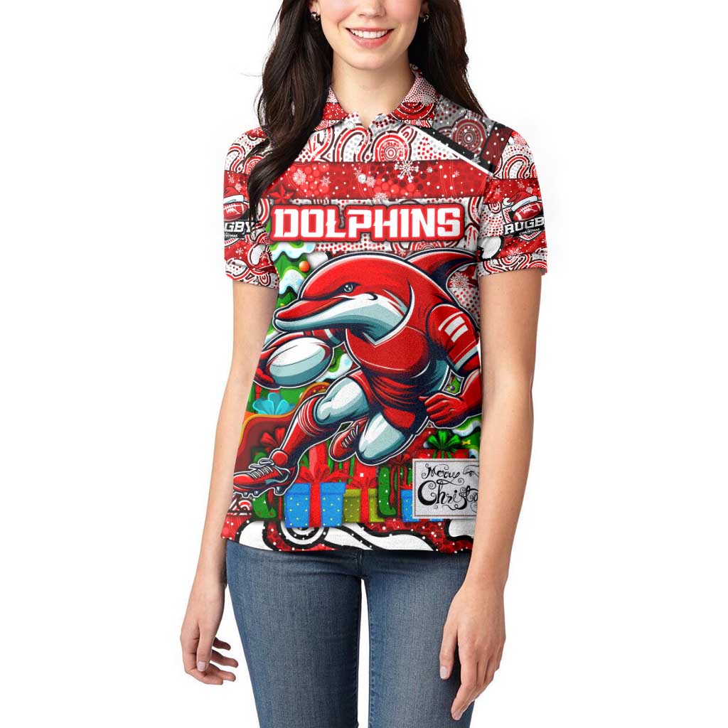 Custom Dolphins Rugby Merry Christmas Women Polo Shirt Indigenous Australian Art