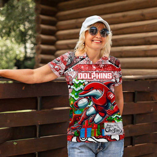 Custom Dolphins Rugby Merry Christmas Women Polo Shirt Indigenous Australian Art