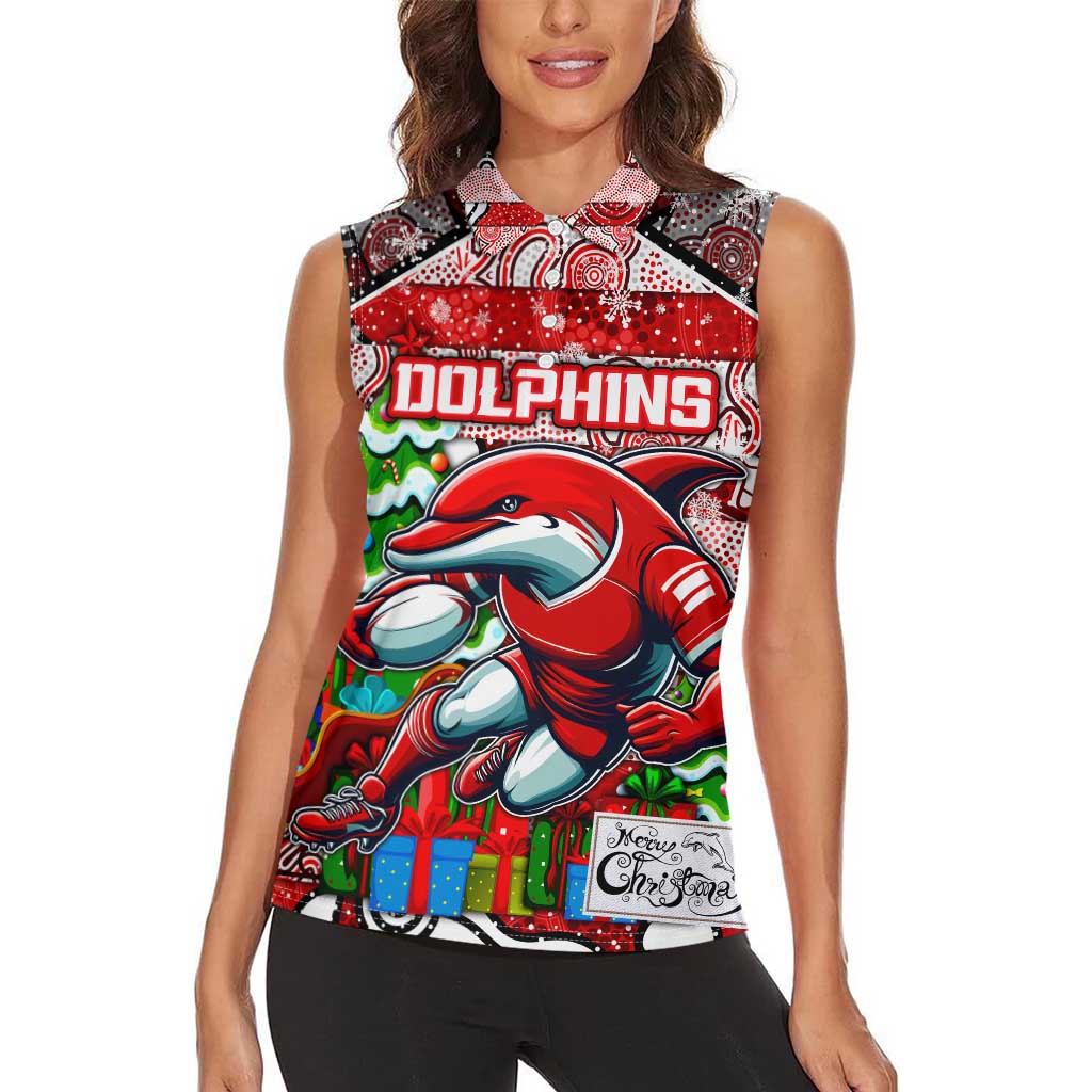 Custom Dolphins Rugby Merry Christmas Women Sleeveless Polo Shirt Indigenous Australian Art