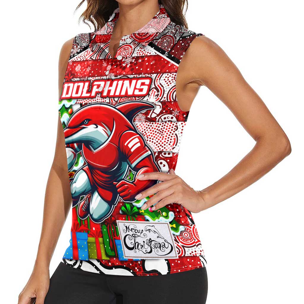 Custom Dolphins Rugby Merry Christmas Women Sleeveless Polo Shirt Indigenous Australian Art