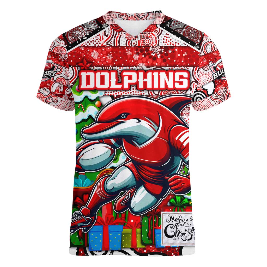 Custom Dolphins Rugby Merry Christmas Women V-Neck T-Shirt Indigenous Australian Art