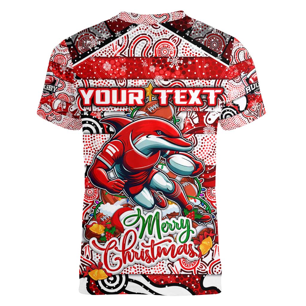 Custom Dolphins Rugby Merry Christmas Women V-Neck T-Shirt Indigenous Australian Art