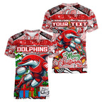 Custom Dolphins Rugby Merry Christmas Women V-Neck T-Shirt Indigenous Australian Art