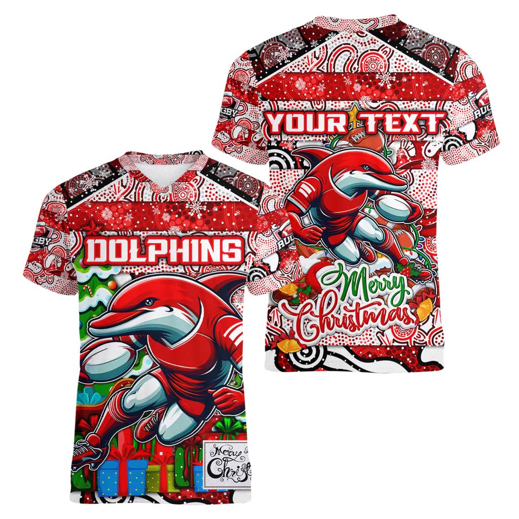 Custom Dolphins Rugby Merry Christmas Women V-Neck T-Shirt Indigenous Australian Art