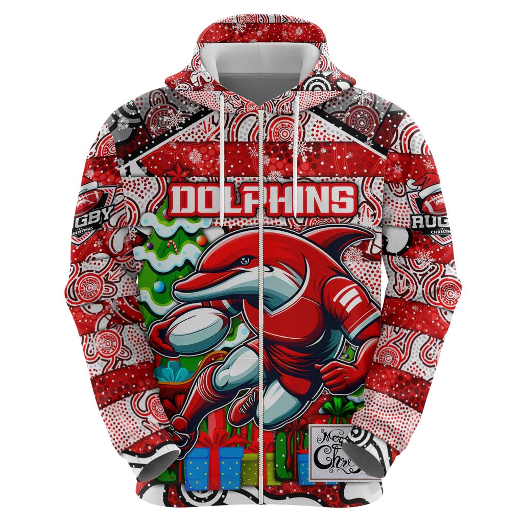 Custom Dolphins Rugby Merry Christmas Zip Hoodie Indigenous Australian Art