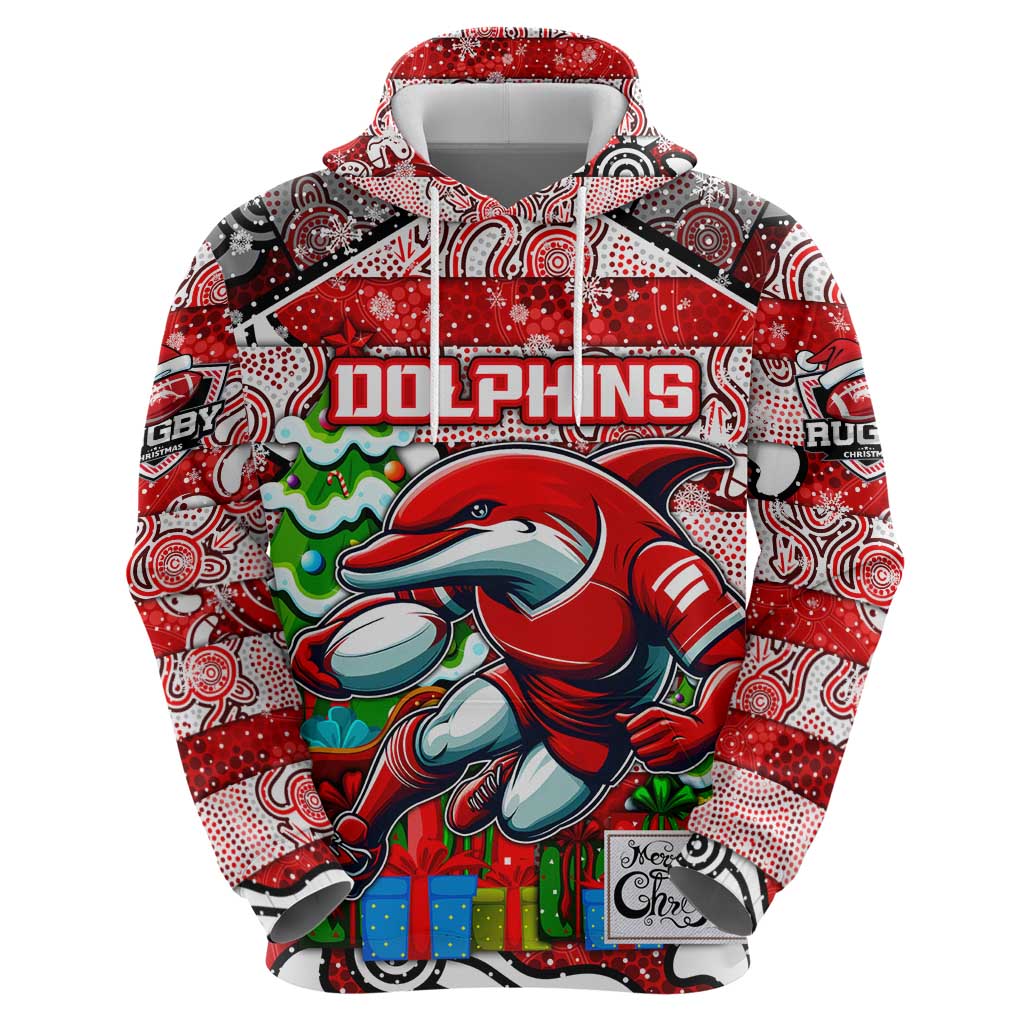 Custom Dolphins Rugby Merry Christmas Zip Hoodie Indigenous Australian Art