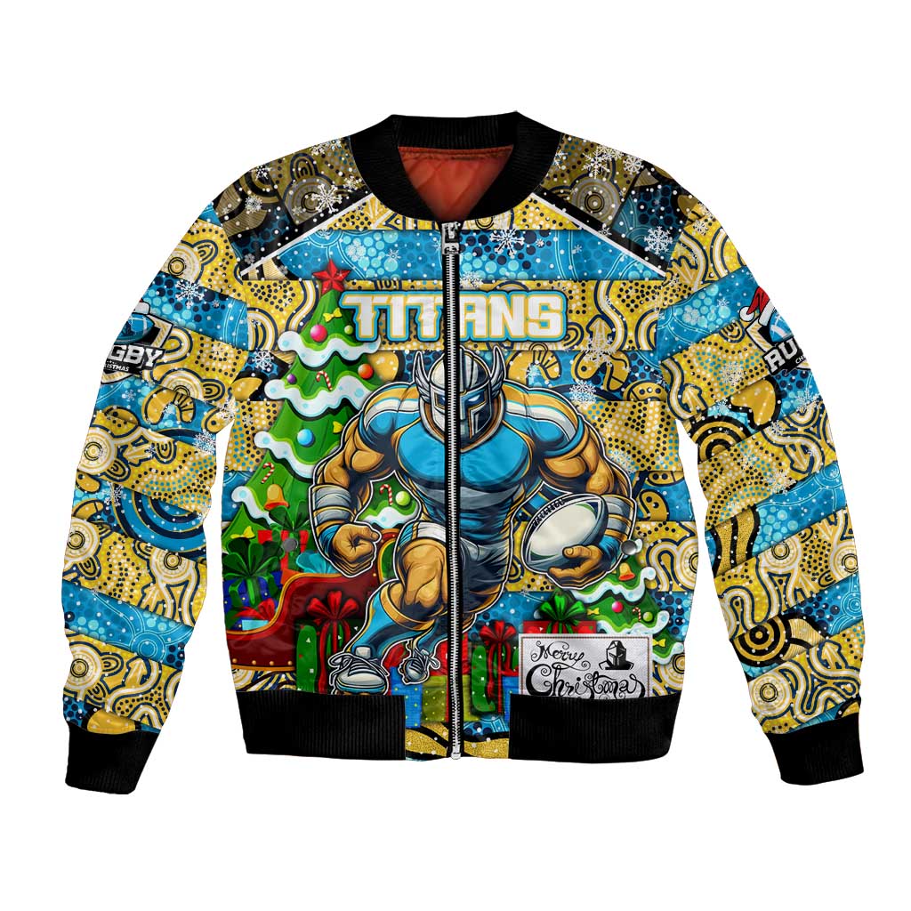 Custom Titans Rugby Merry Christmas Bomber Jacket Indigenous Australian Art