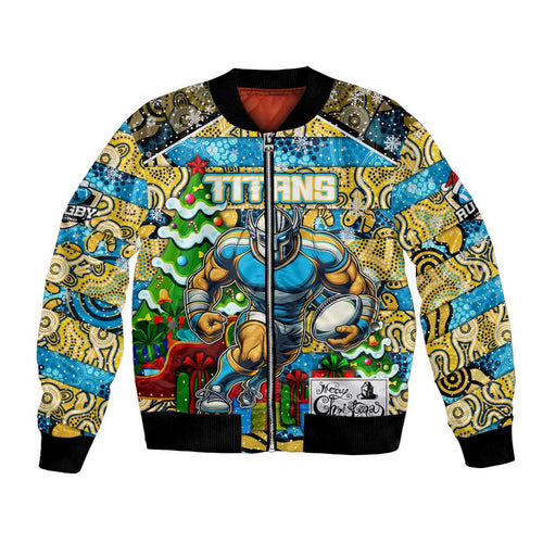 Custom Titans Rugby Merry Christmas Bomber Jacket Indigenous Australian Art