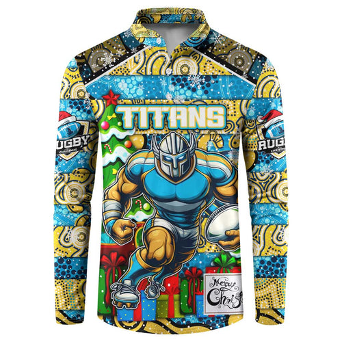Custom Titans Rugby Merry Christmas Button Sweatshirt Indigenous Australian Art