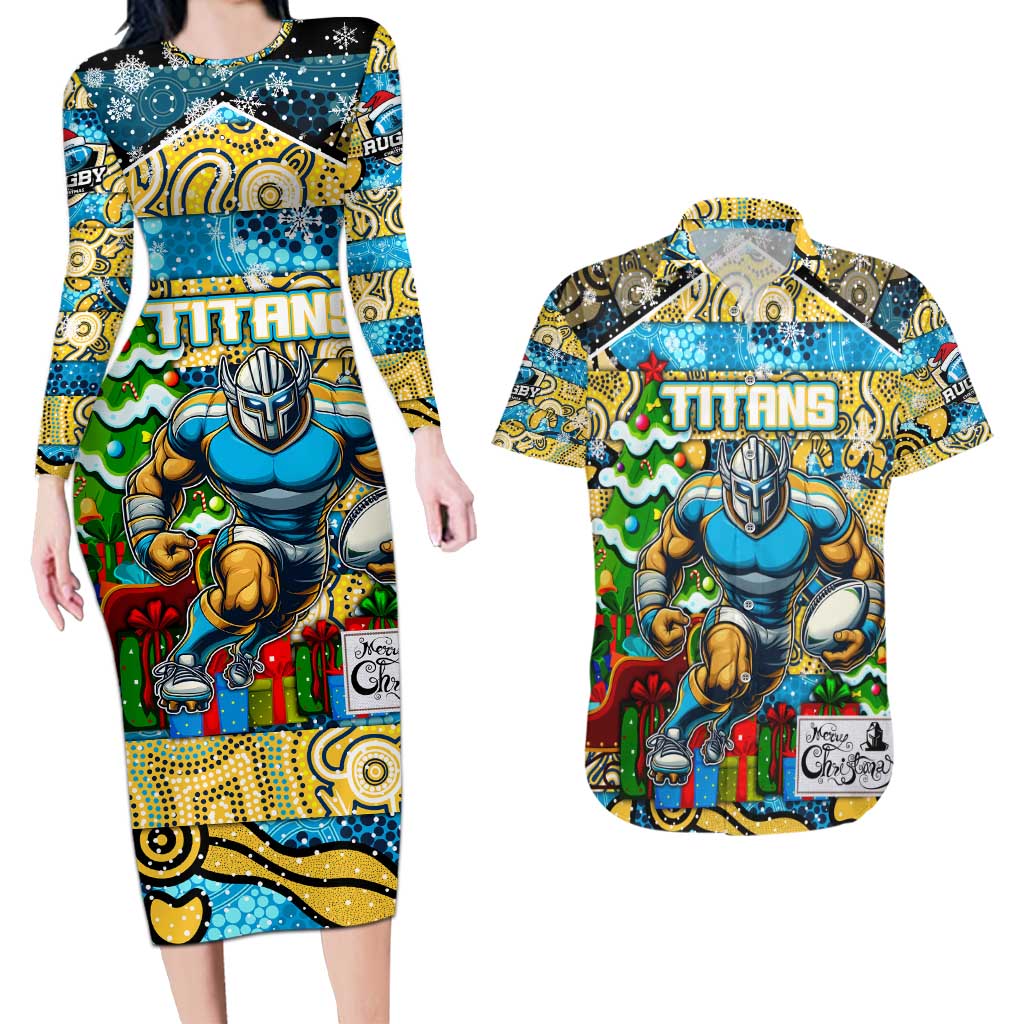 Custom Titans Rugby Merry Christmas Couples Matching Long Sleeve Bodycon Dress and Hawaiian Shirt Indigenous Australian Art