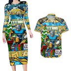 Custom Titans Rugby Merry Christmas Couples Matching Long Sleeve Bodycon Dress and Hawaiian Shirt Indigenous Australian Art