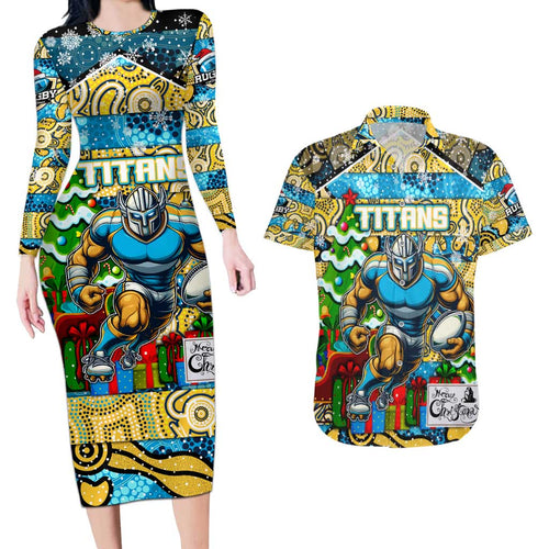 Custom Titans Rugby Merry Christmas Couples Matching Long Sleeve Bodycon Dress and Hawaiian Shirt Indigenous Australian Art