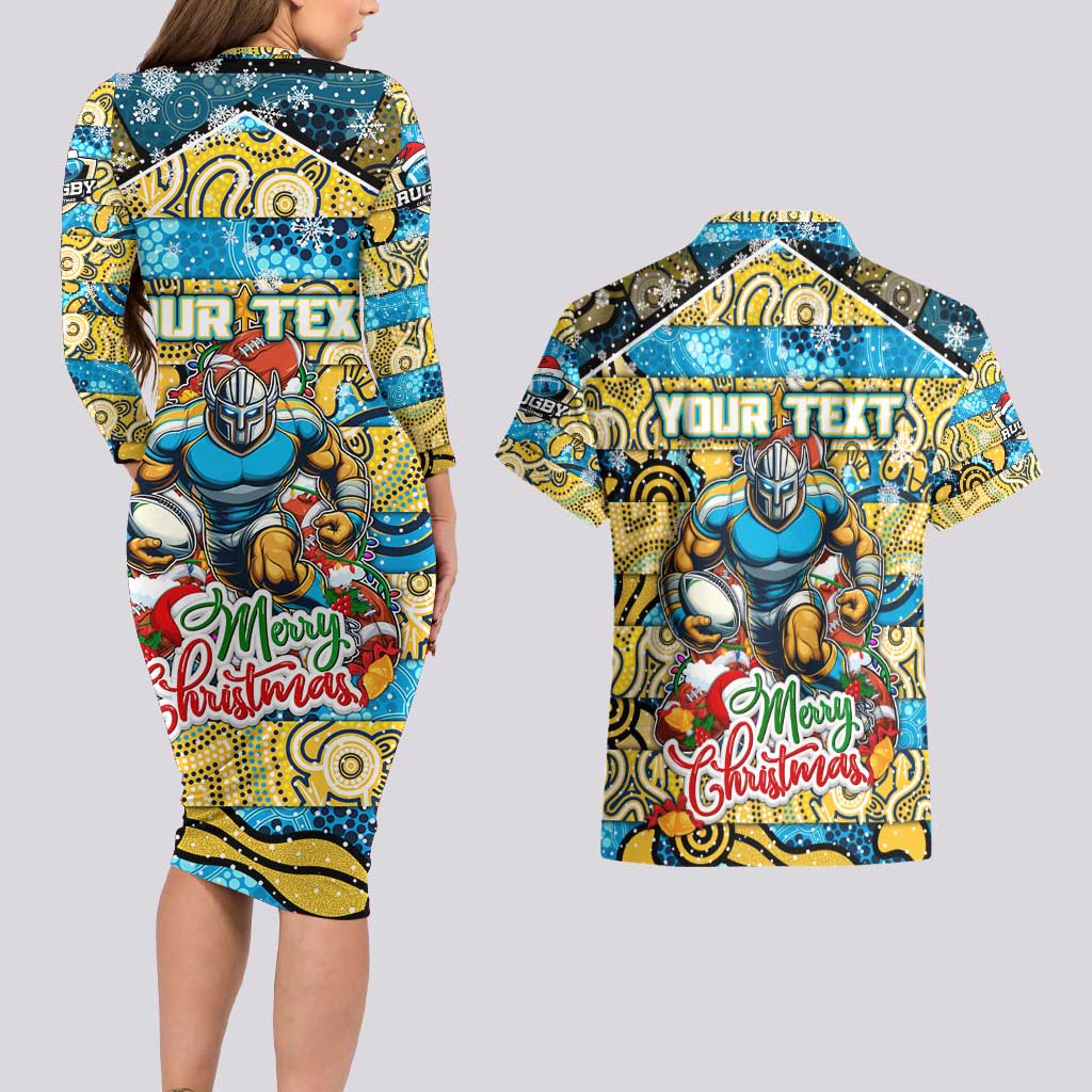 Custom Titans Rugby Merry Christmas Couples Matching Long Sleeve Bodycon Dress and Hawaiian Shirt Indigenous Australian Art