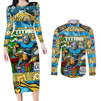 Custom Titans Rugby Merry Christmas Couples Matching Long Sleeve Bodycon Dress and Long Sleeve Button Shirt Indigenous Australian Art