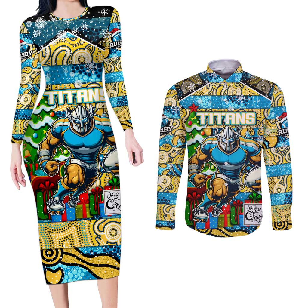 Custom Titans Rugby Merry Christmas Couples Matching Long Sleeve Bodycon Dress and Long Sleeve Button Shirt Indigenous Australian Art