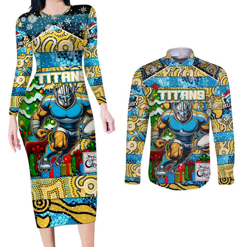 Custom Titans Rugby Merry Christmas Couples Matching Long Sleeve Bodycon Dress and Long Sleeve Button Shirt Indigenous Australian Art