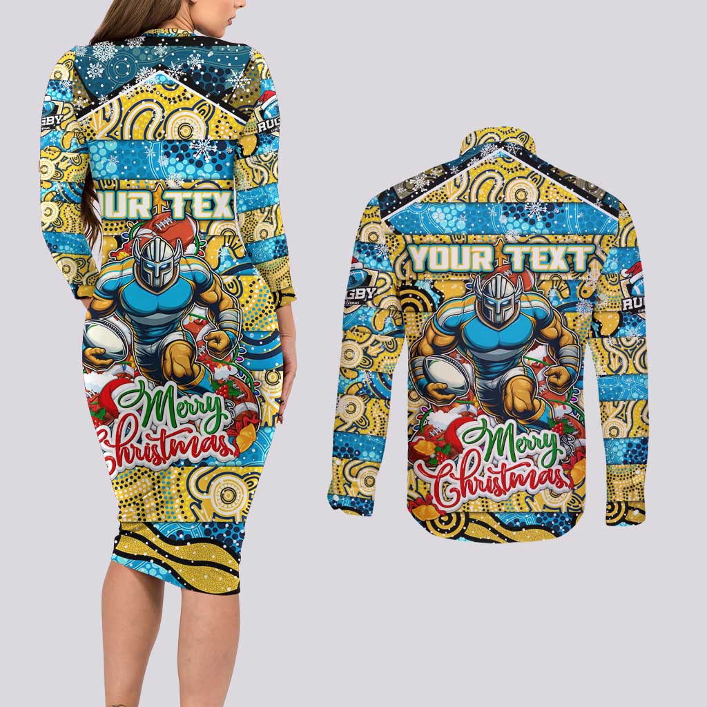 Custom Titans Rugby Merry Christmas Couples Matching Long Sleeve Bodycon Dress and Long Sleeve Button Shirt Indigenous Australian Art